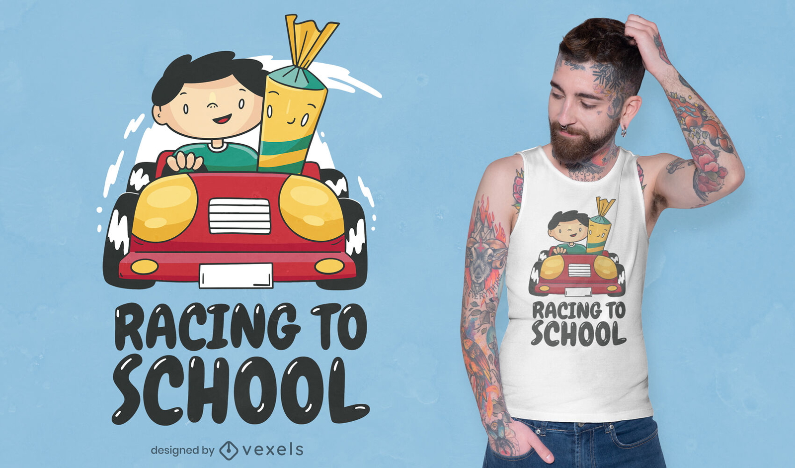 Niño de escuela en diseño de camiseta de coche