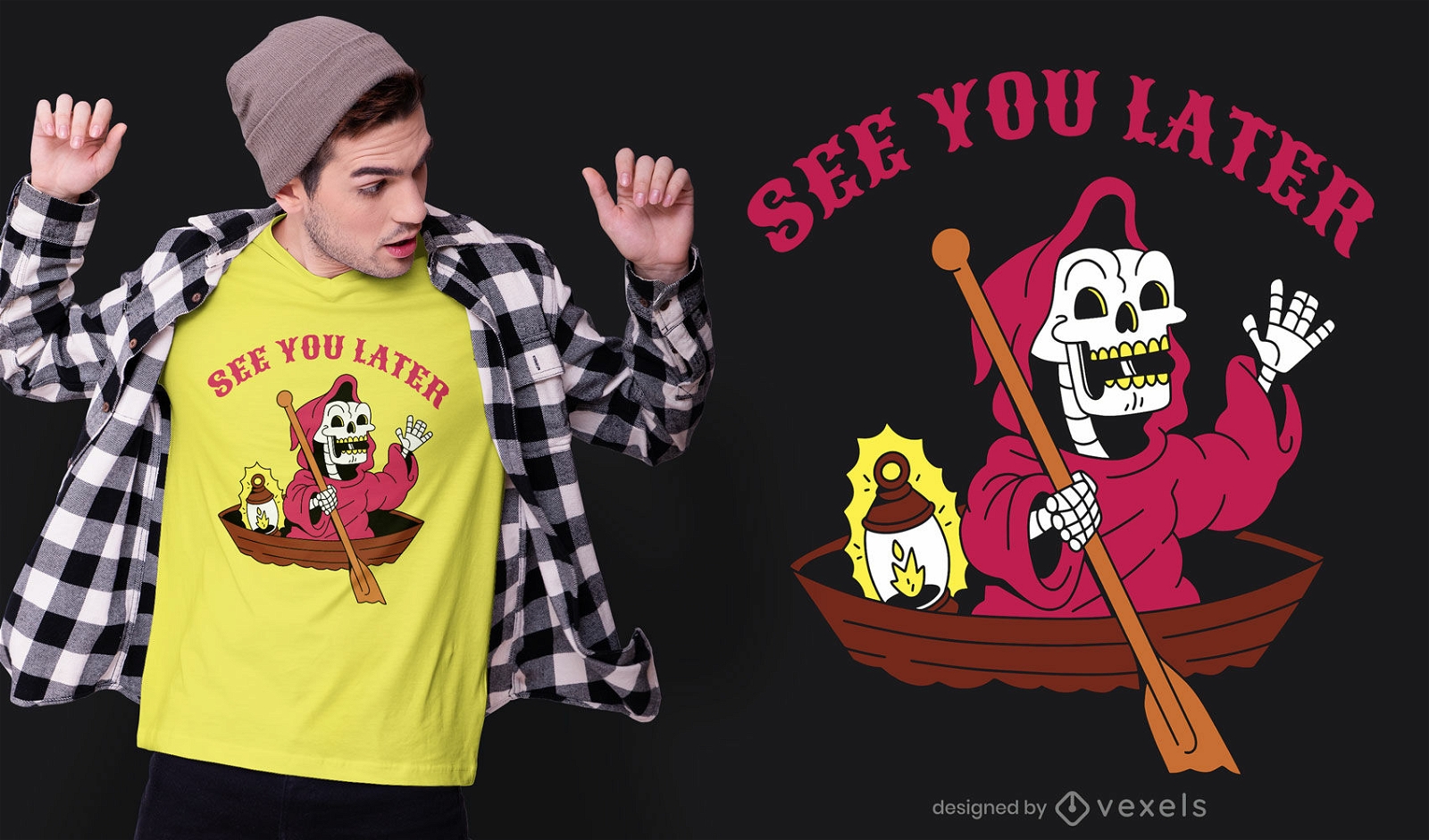Grim reaper cartoon on boat t-shirt design