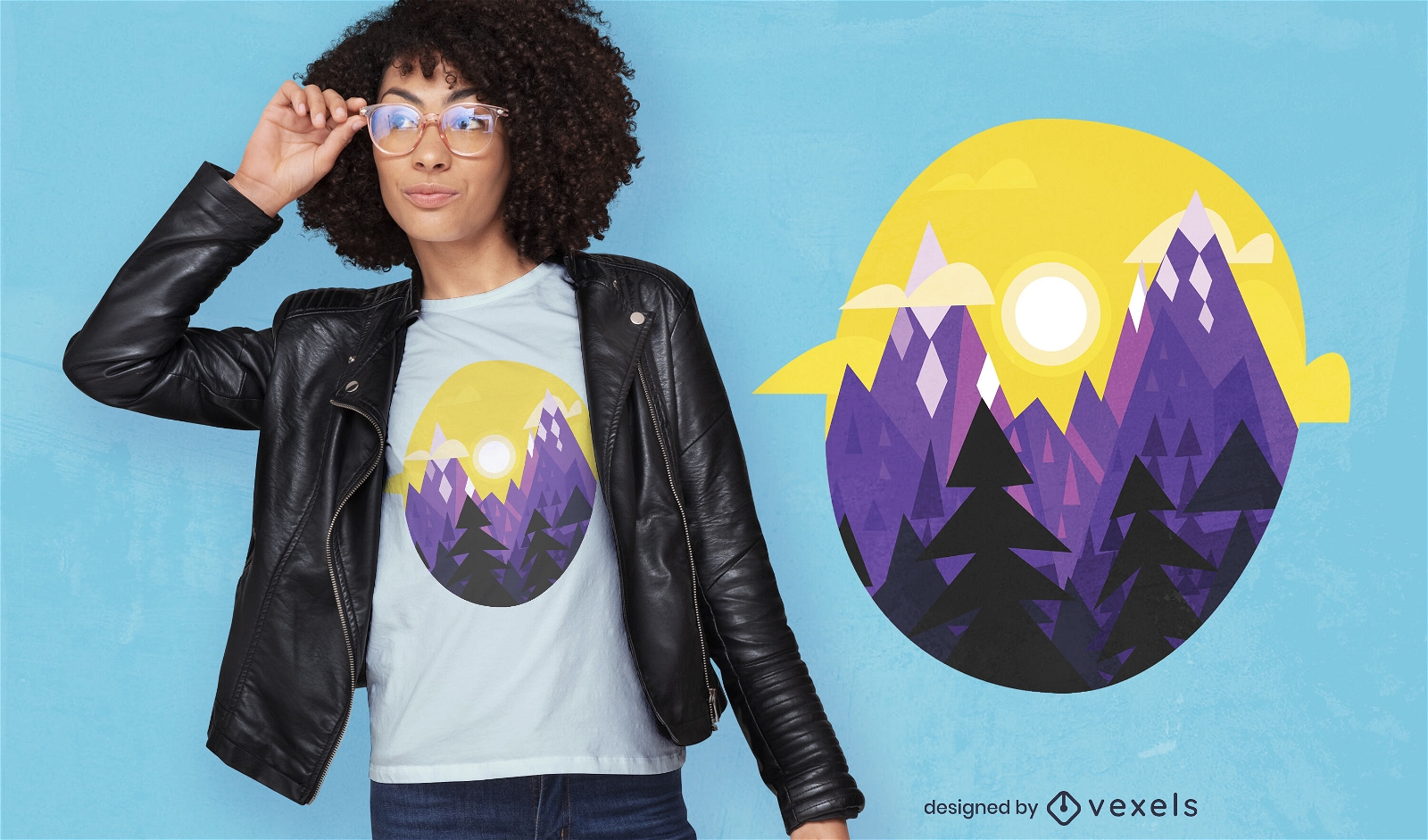Diseño geométrico de camiseta con paisaje de montañas y árboles.