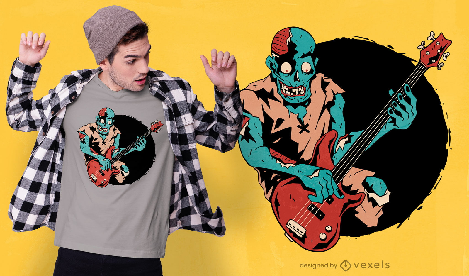 Design de camiseta para músico baixista zumbi