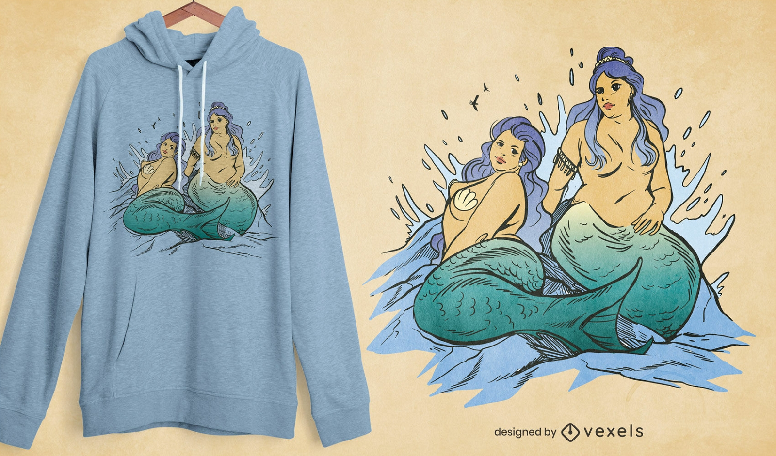 T-Shirt mit mythologischen Meerjungfrauen in ?bergr??e