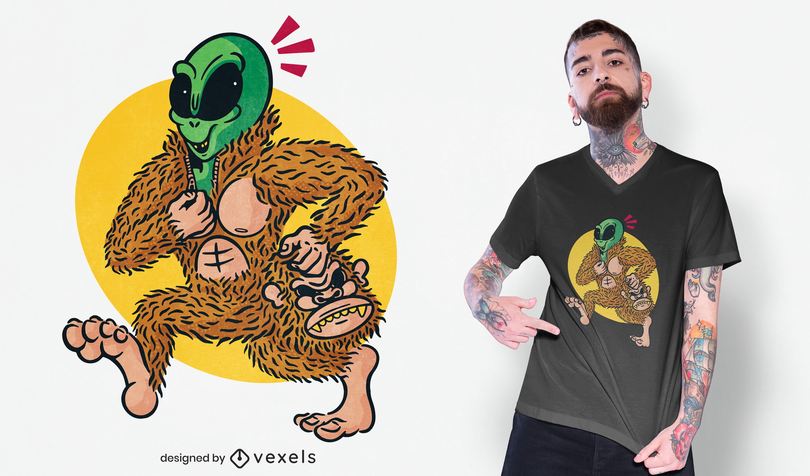 Diseño de camiseta de alien in big foot disfraz