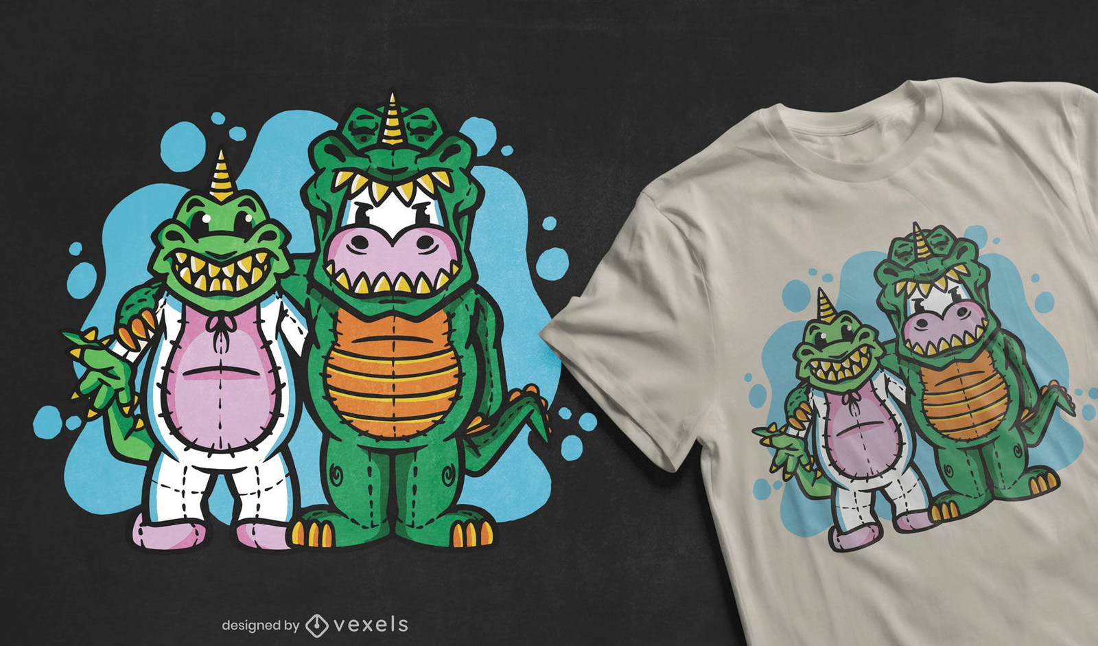 Design de camisetas com fantasias de dinossauros e unicórnios