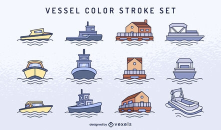 Conjunto de trazo de color de barcos y embarcaciones.