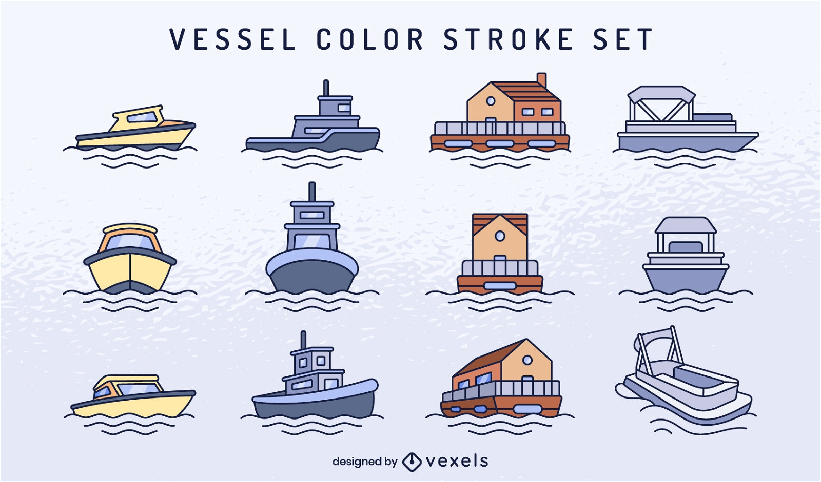 Conjunto de barcos e embarcações com traço de cor