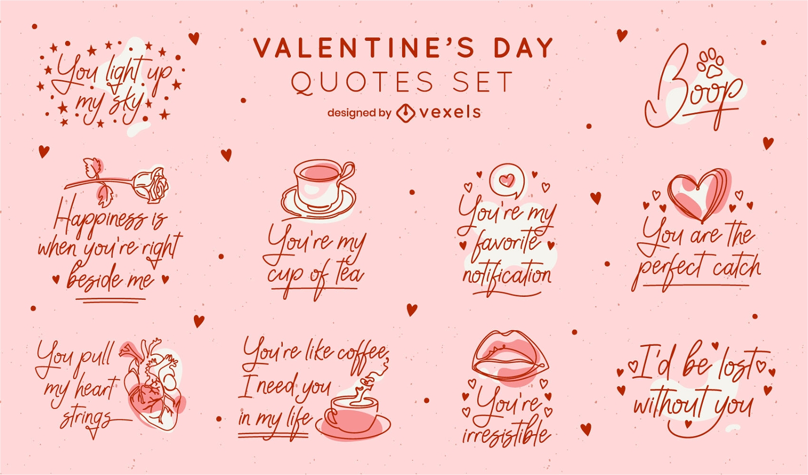 Continuous line valentine's day quotes set