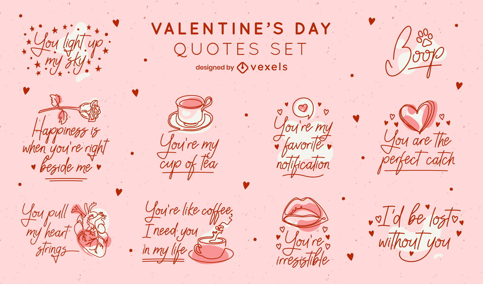 Continuous line valentine's day quotes set