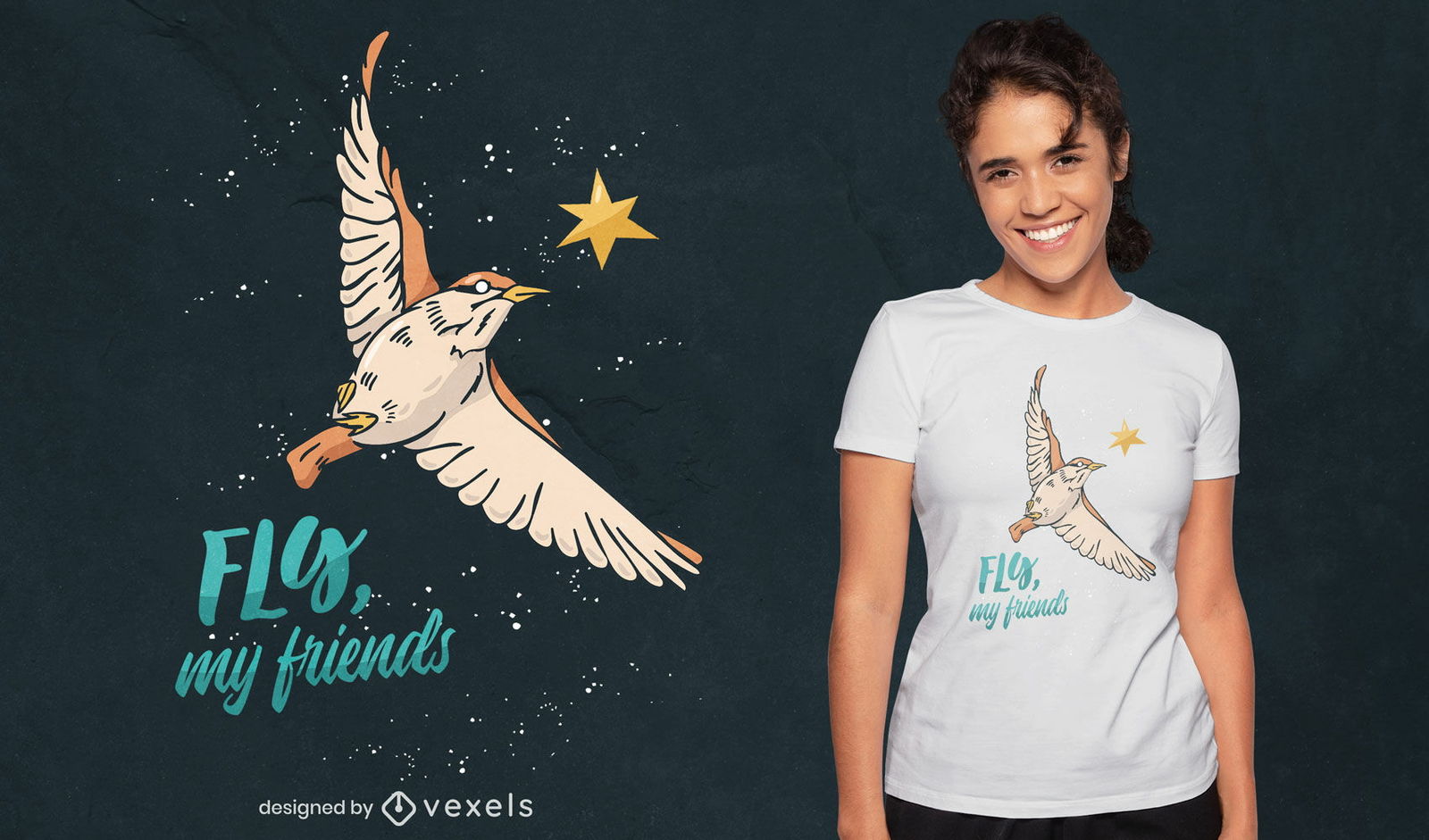 Pájaro volando en el diseño de la camiseta del cielo nocturno