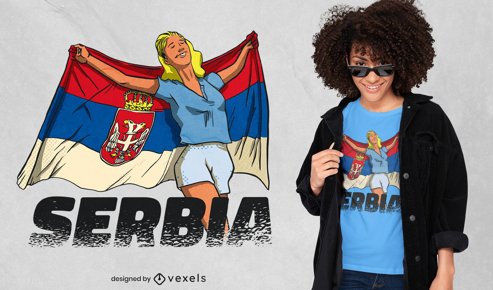 Menina segurando o desenho da camiseta com a bandeira da Sérvia