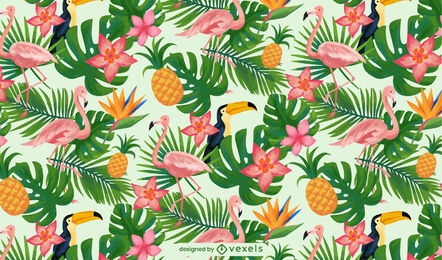 Padrão de aquarela tropical com palmeiras e pássaros