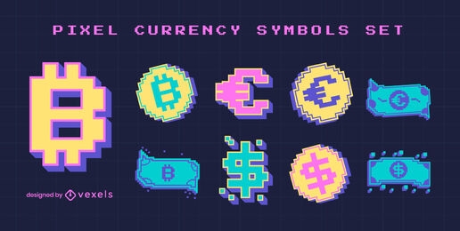 Conjunto de arte de píxeles de color de símbolos de moneda