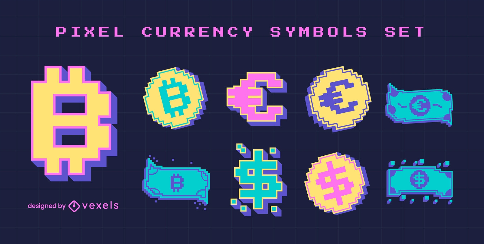 Conjunto de arte de pixel de cor de símbolos de moeda