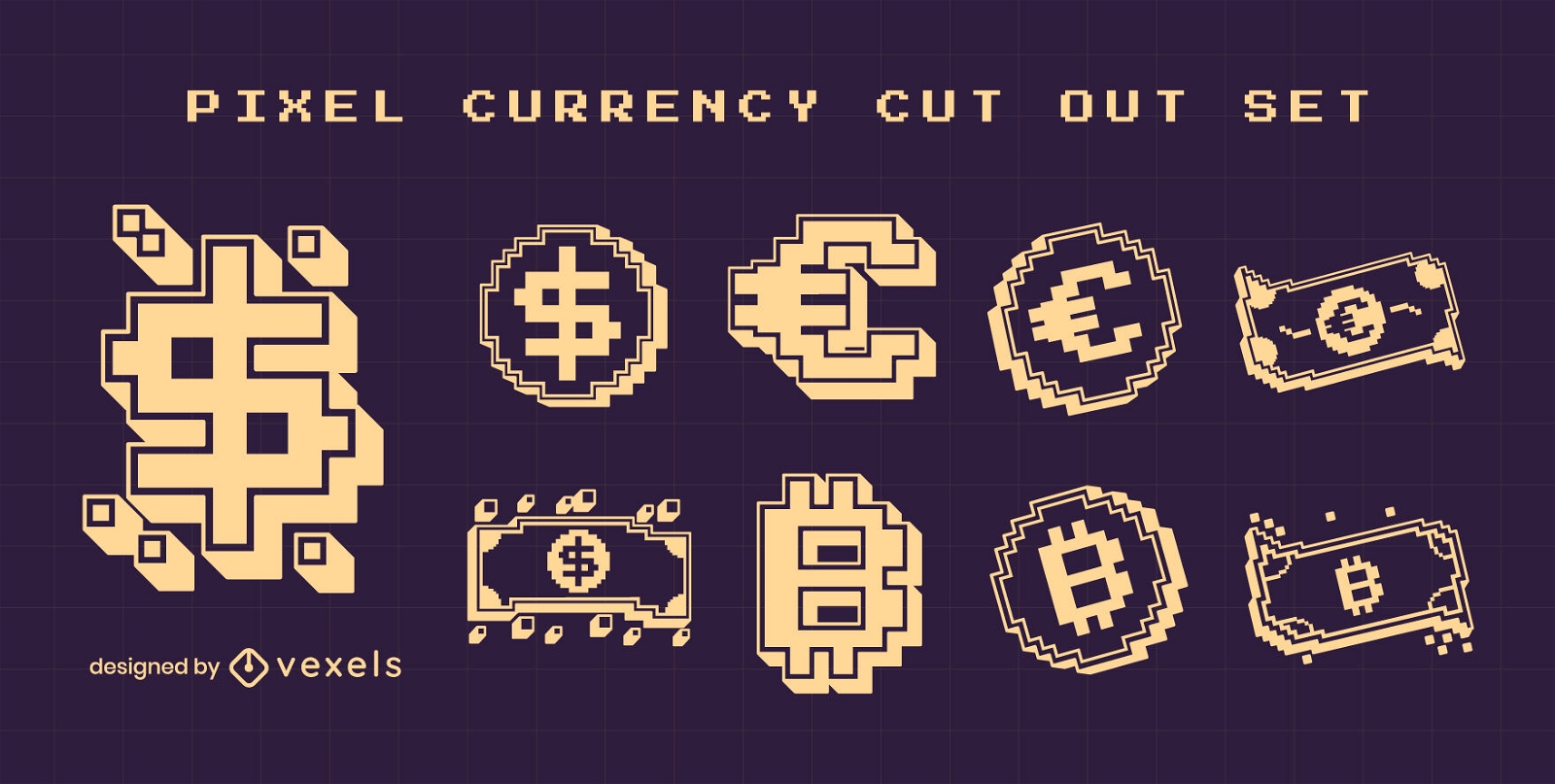 Símbolos de moeda recortam o conjunto de pixel art