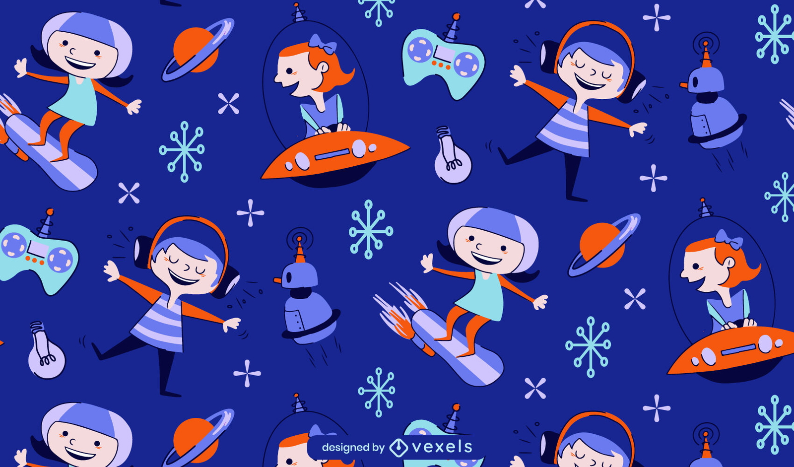 Futuristic children retro cartoon pattern