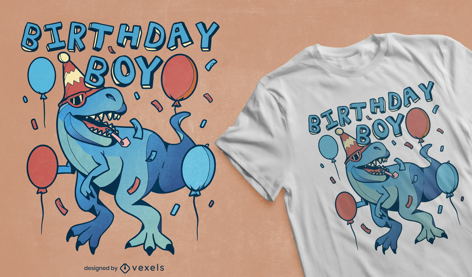 Design de camiseta para festa de aniversário de dinossauro T-rex