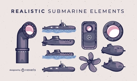 Submarine set of illustrated elements