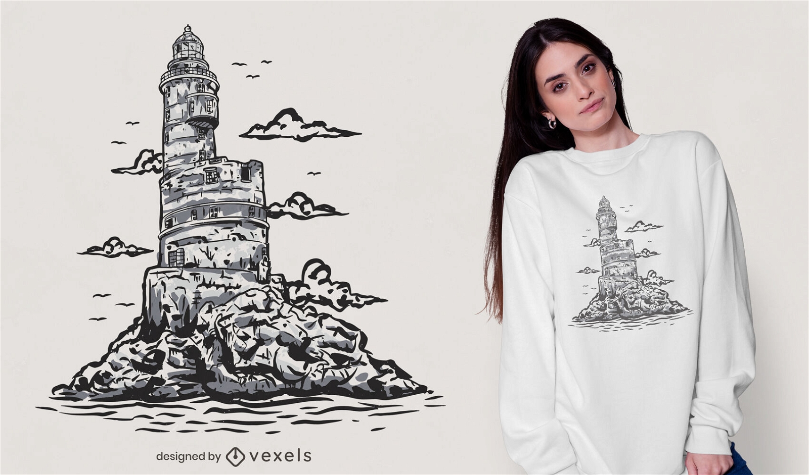 Diseño de camiseta de ilustración de océano de faro