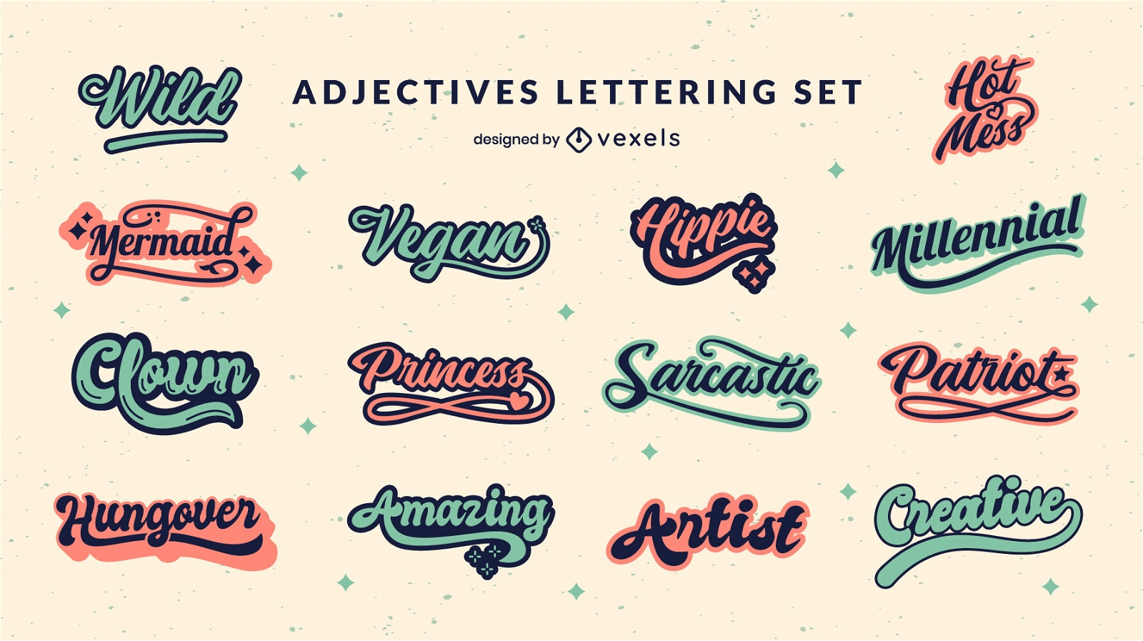 Adjectives lettering badges set 