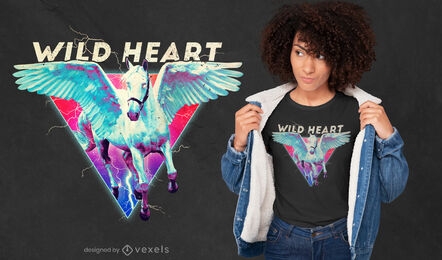 Design de t-shirt retro psd de cavalo voador de coração selvagem