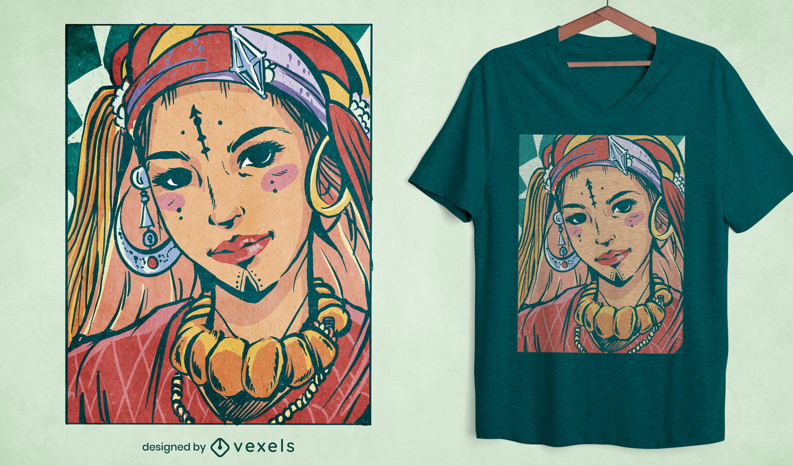 Design de camiseta com ilustração de retrato de menina berbere