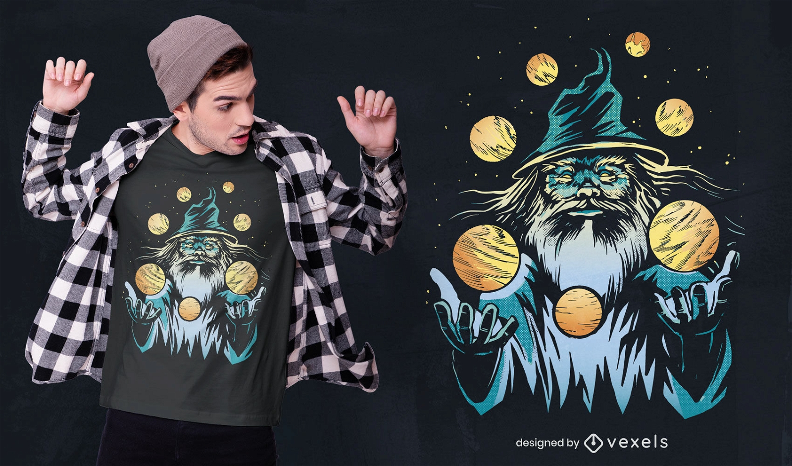 Wizard juggling planets t-shirt design