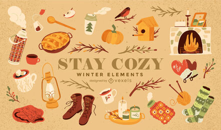 Conjunto de elementos da natureza aconchegante para a temporada de inverno