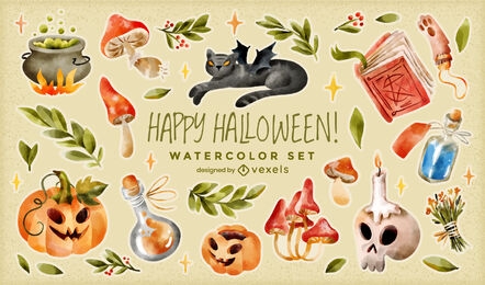 Halloween magical watercolor elements set