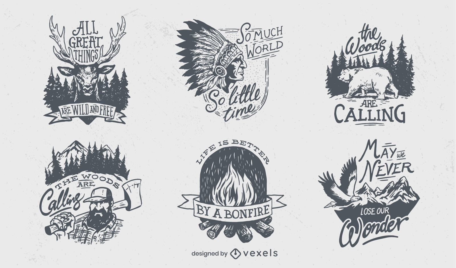 Outdoor camping life set of hand drawn badges