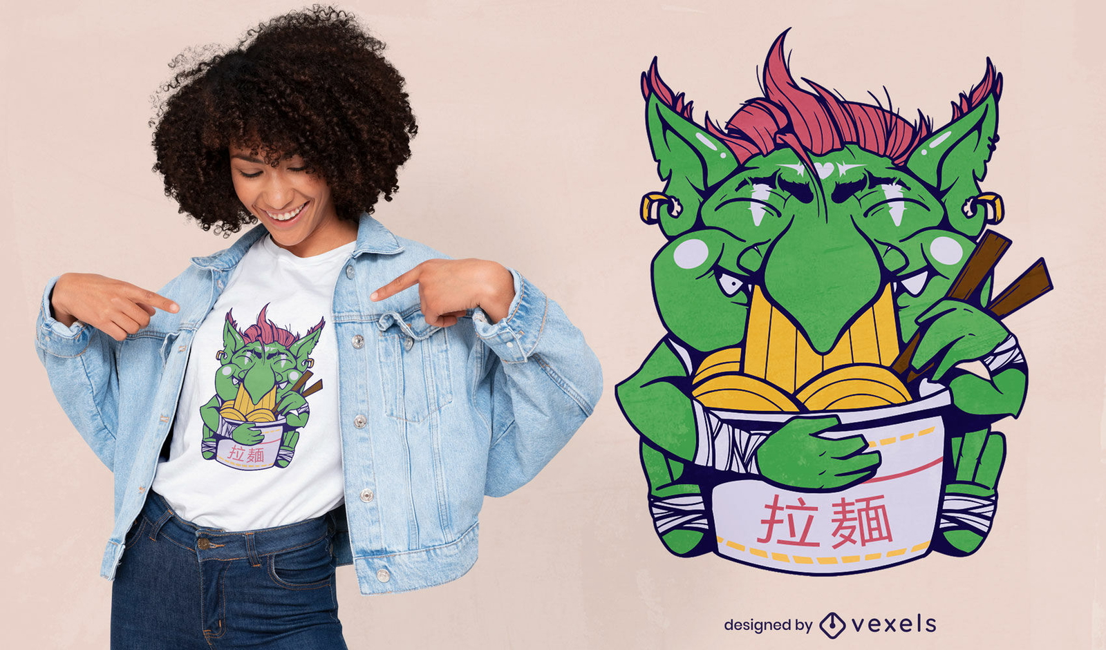 Diseño de camiseta goblin comiendo ramen