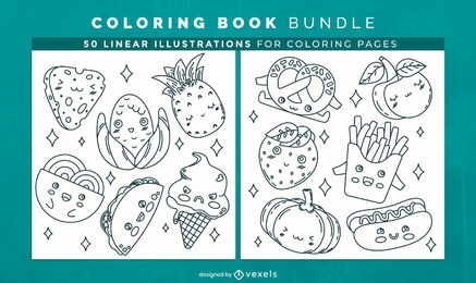 Lindas páginas de desenhos de livros para colorir de comida