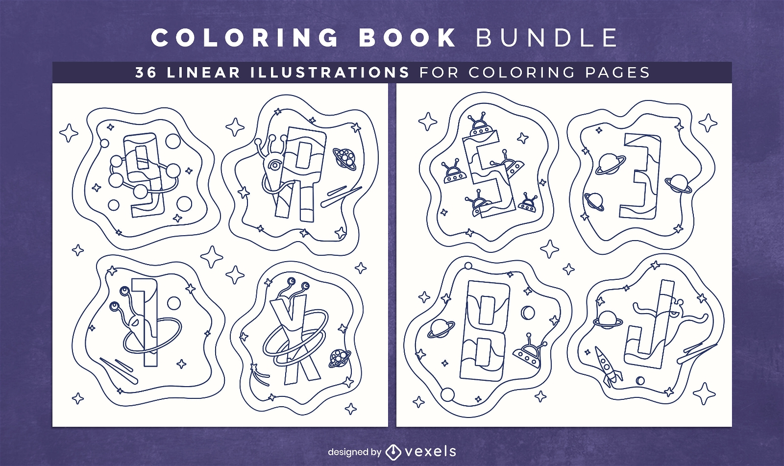 Space alphabet coloring book interior design