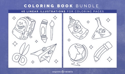 Diseño de páginas de libro para colorear de útiles escolares