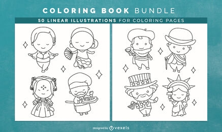 Páginas de diseño de libros para colorear de personajes chibi country
