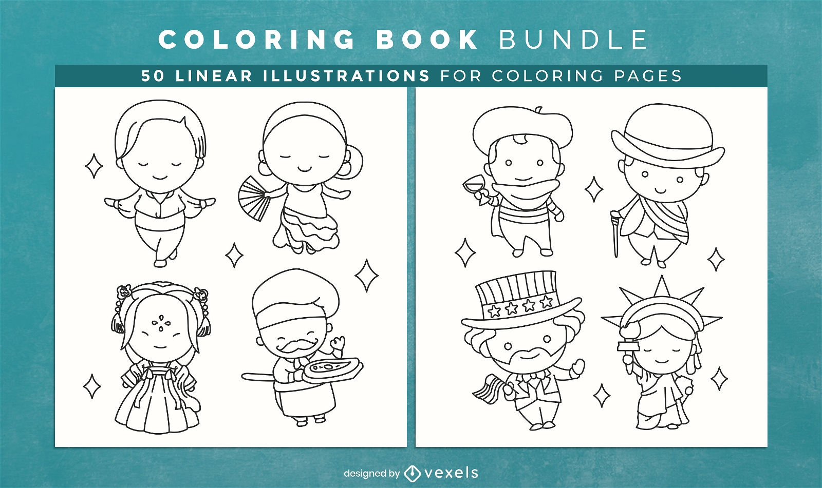 Chibi country character coloring book design pages