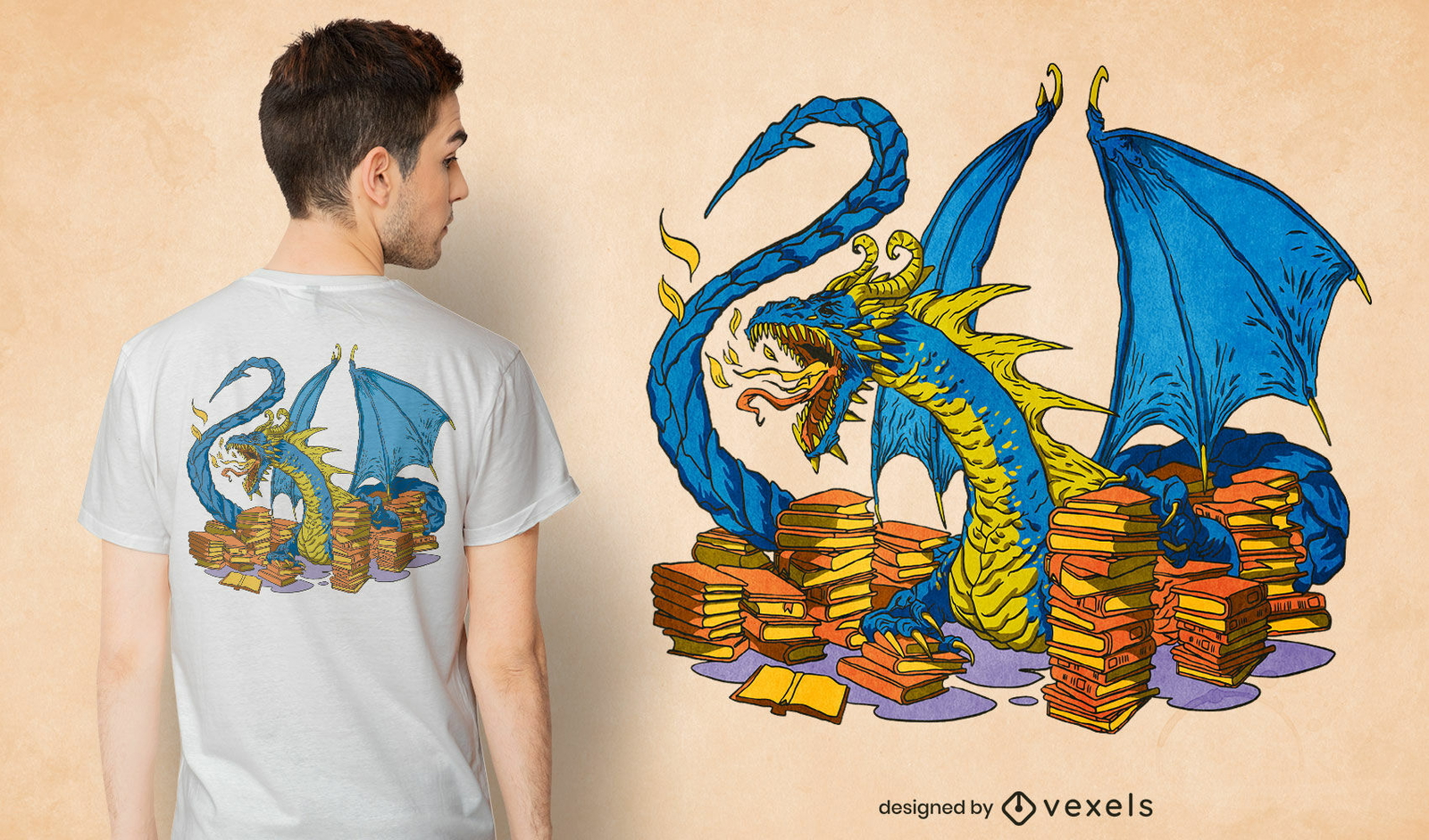 Bibliotheksdrache mit Bücher-T-Shirt-Design