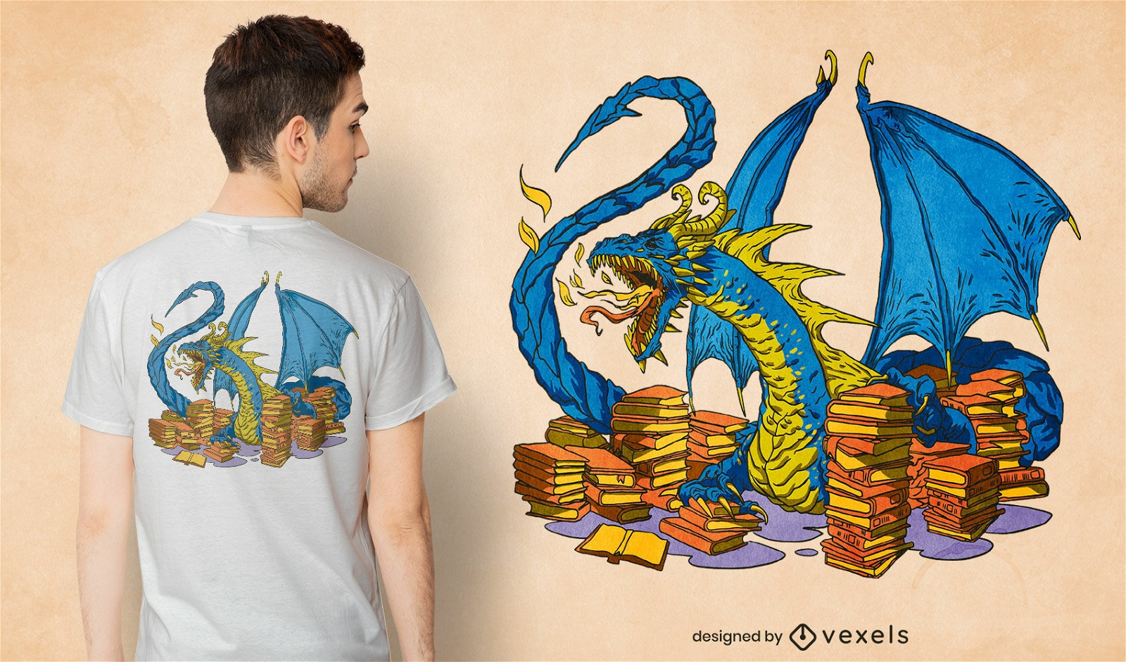 Dragão de biblioteca com design de camisetas de livros