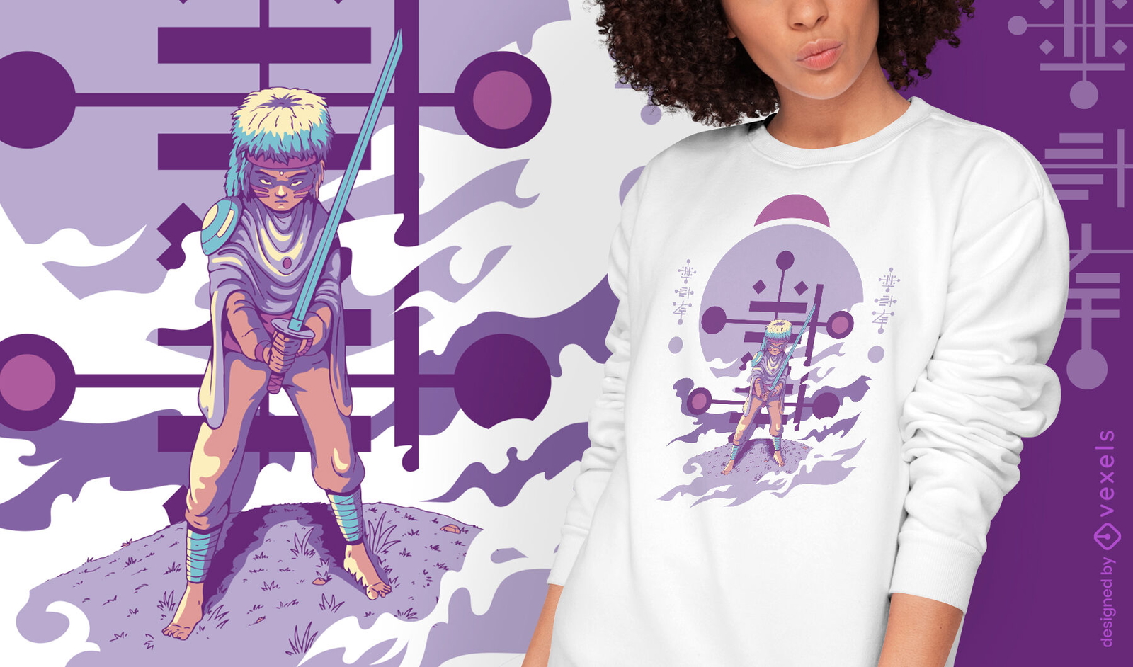 Jovem alienígena humanóide com design de camiseta de espada