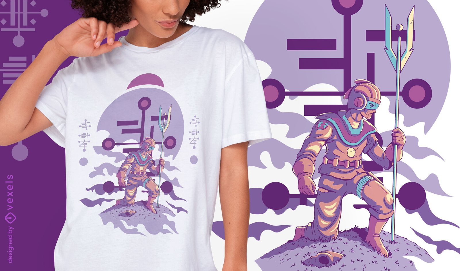 Alien humanoide arrodillado con bastón y diseño de camiseta de casco