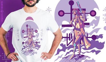 Female humanoid alien with gun t-shirt design