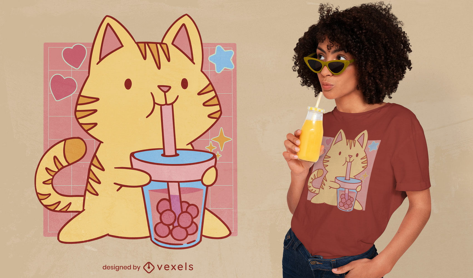 Diseño de camiseta de dibujos animados de gato boba tea