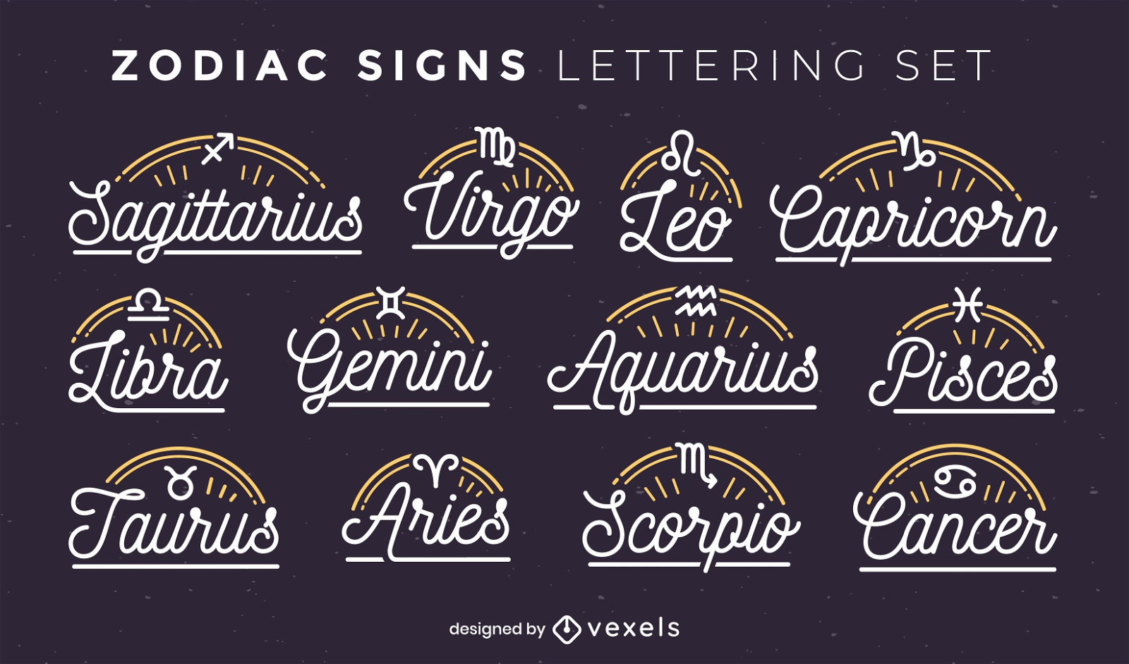 Zodiac signs simple lettering badges set