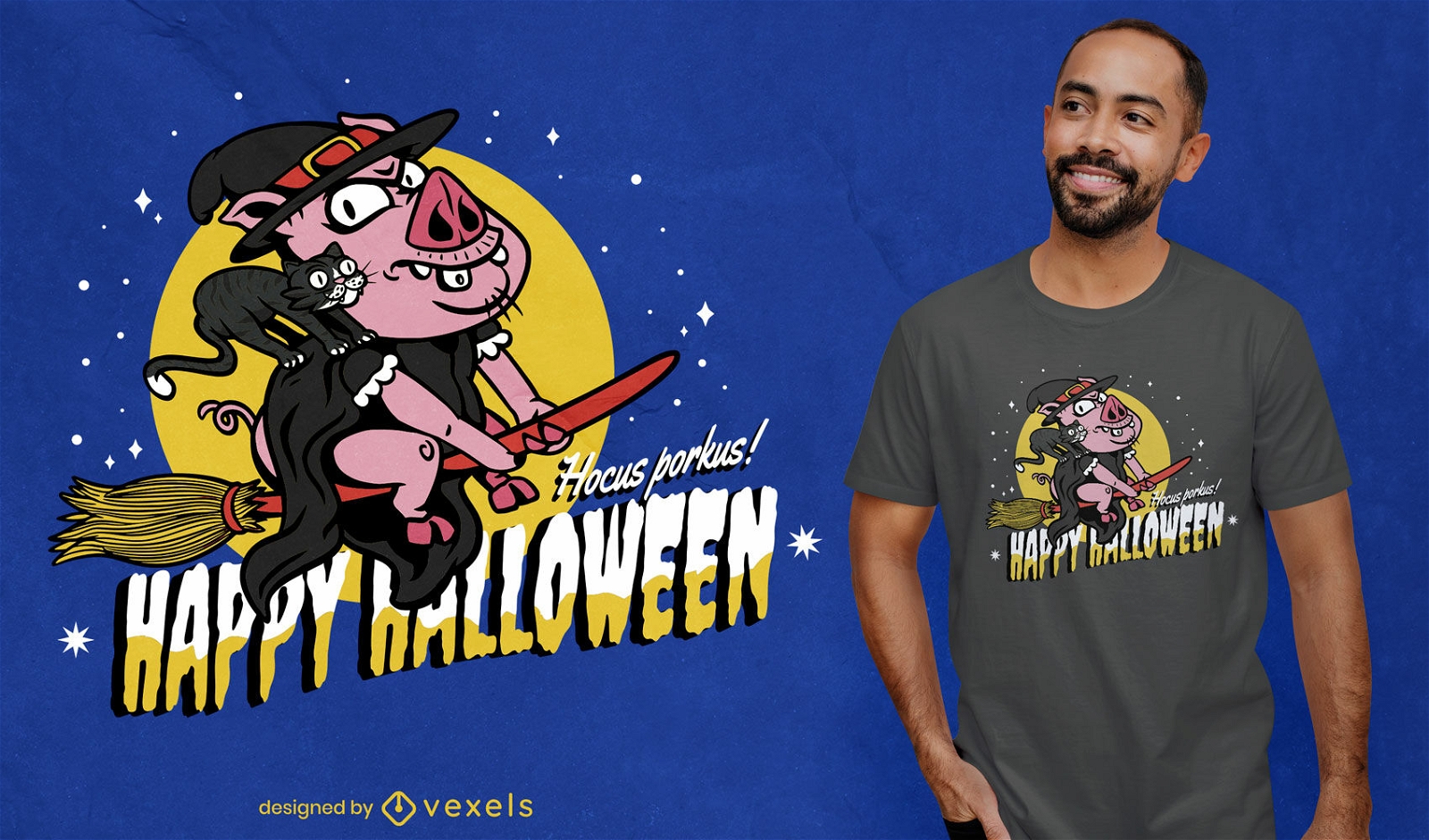 Diseño de camiseta de dibujos animados de Halloween de cerdo bruja