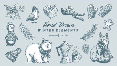 Winter elements hand drawn set