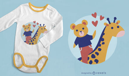 Design de t-shirt de urso fofo e girafa