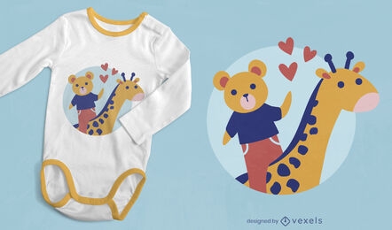 Lindo diseño de camiseta de oso y jirafa.