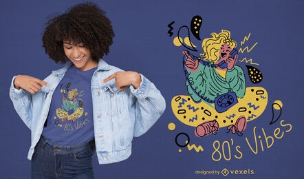 Design de t-shirt de personagem feminina com vibrações dos anos 80