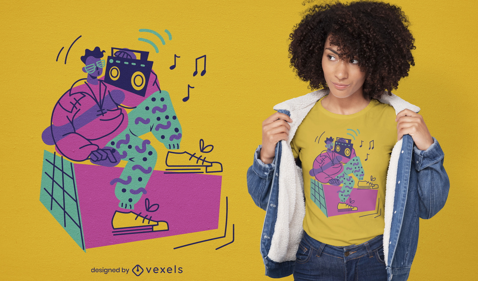 Homem com design retro de t-shirt boombox