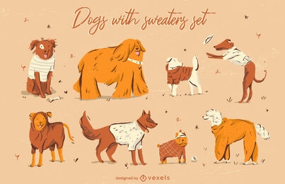 Cute dog animals in sweater clothes set