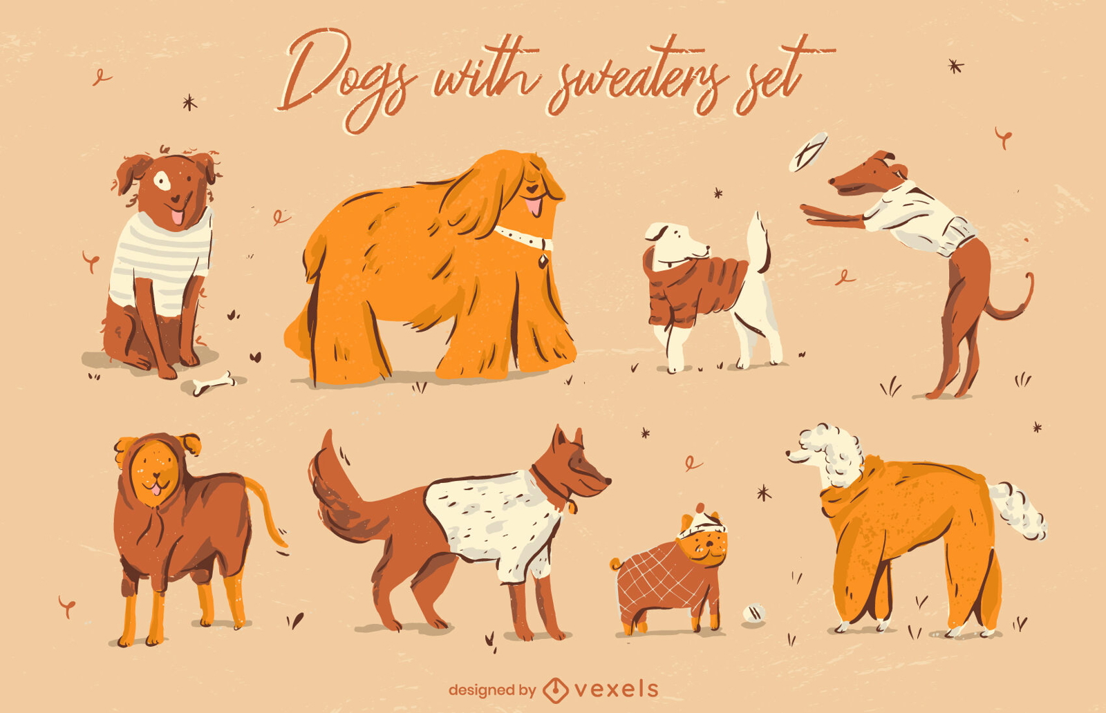 Conjunto de animais de cachorro fofos em roupas de suéter