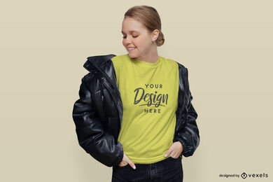 Girl in yellow t-shirt and jacket mockup 